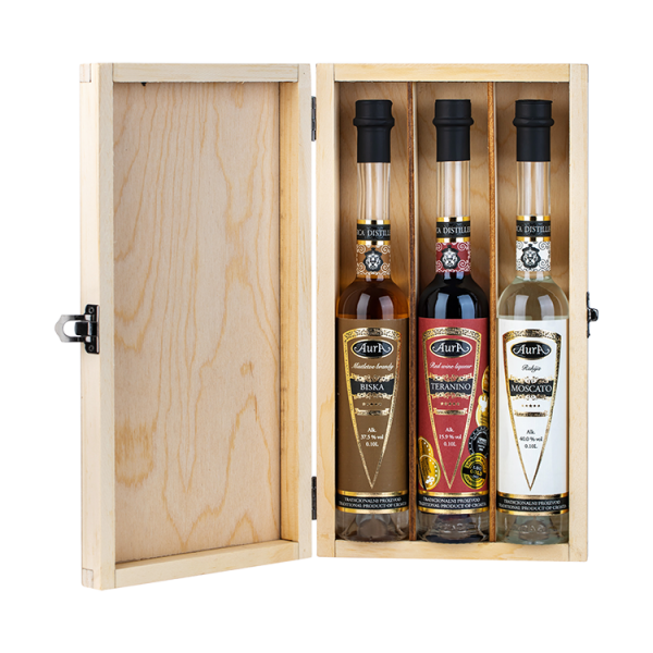 Darilni paket Box Rakija (Biska, Teranino, Moscato) Aura + GB 3 x 0,1 l