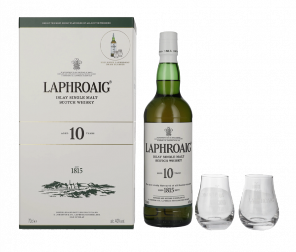 Škotski whisky LAPHROAIG 10 Single malt + 2 kozarca + GB 0,7 l